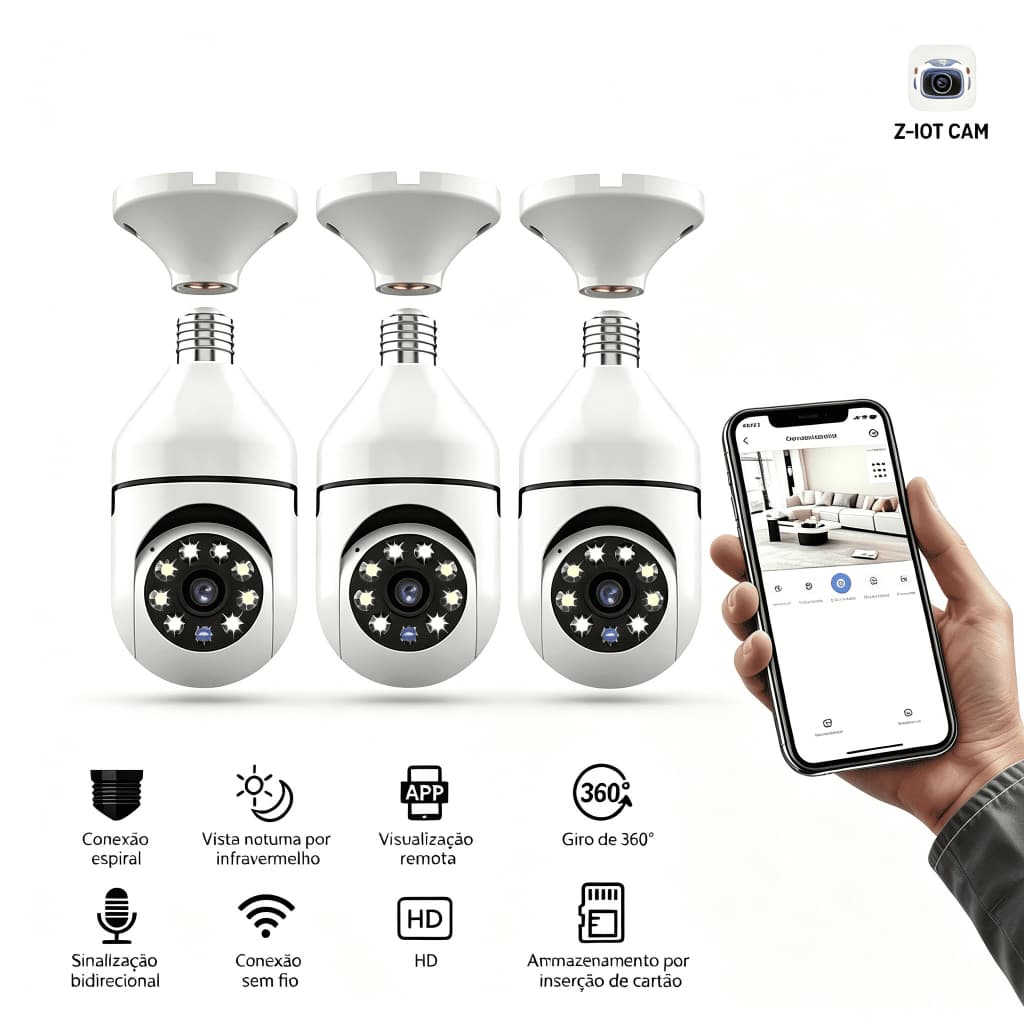 Câmera de Segurança Lâmpada E27 WiFi 360° Impermeável