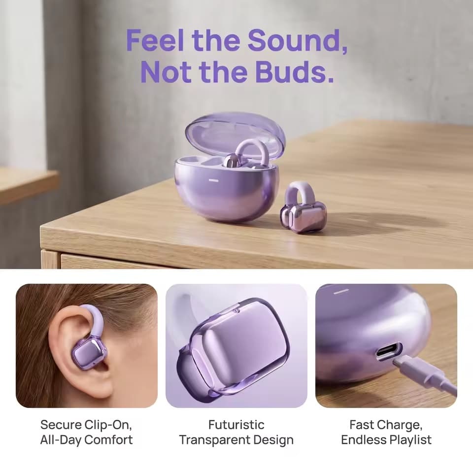 Fones De Ouvido Com Clipe De Orelha Aberta Bluetooth 5.4 Desgaste Sem Dor Antiderrapante Para Corrida E Academia 4H Play