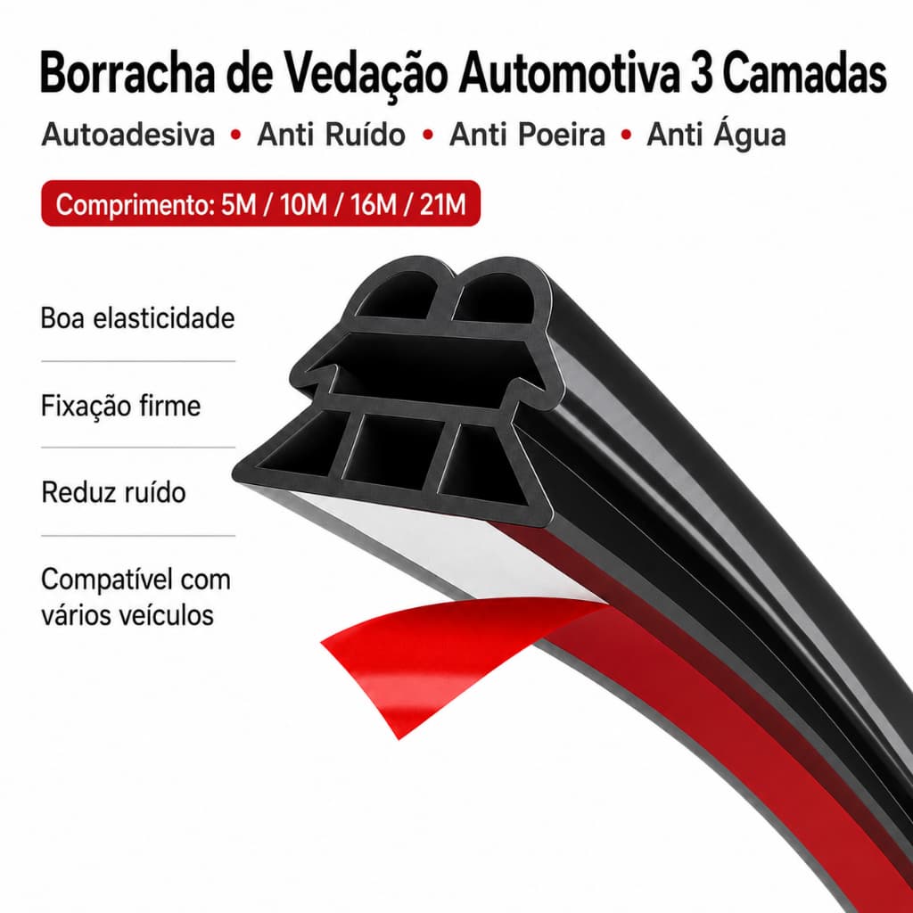 Borracha Vedação Porta Carro 3 Camadas Tipo D Autocolante 5/10/16/21M