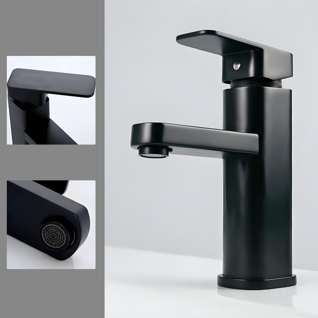 Torneira Quadrada Para Pia De Banheiro Com Furo Único , Design De Bico Cascata Largo , Preto Fosco E Prata Polida , De B