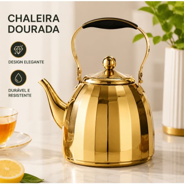 Chaleira aço Inoxidavel C/ Infusor 1000ML dourado inducao /fogo