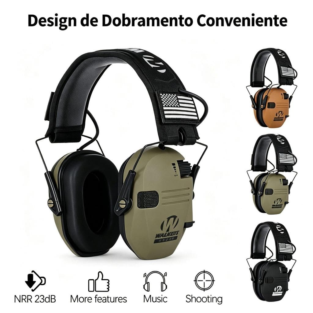 Abafador Eletrônico de Ruído 23dB Dobrável, Proteção Auditiva Profissional para Tiro Esportivo