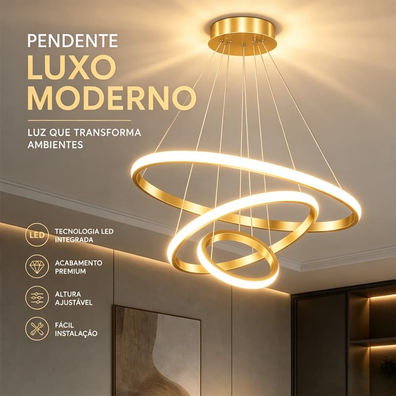 Pendente LED Luxo Moderno de 3 Anéis ltura Ajustável Bivolt 110V-220V Ideal para Sala e Ambientes Grandes