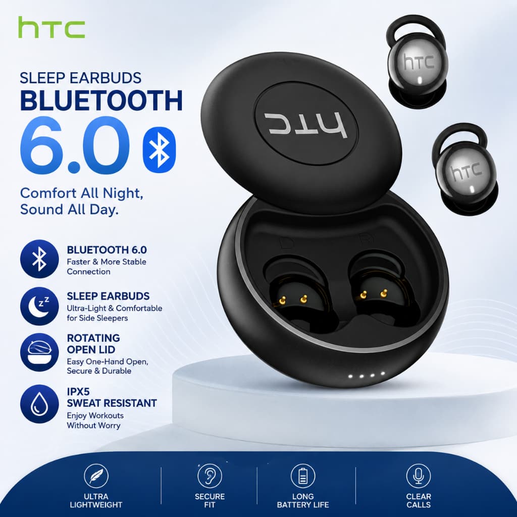 HTC NE91 Fone de ouvido sem fio Bluetooth V6.0 Fone de ouvido intra-auricular para dormir MINI Compacto Fácil de transpo