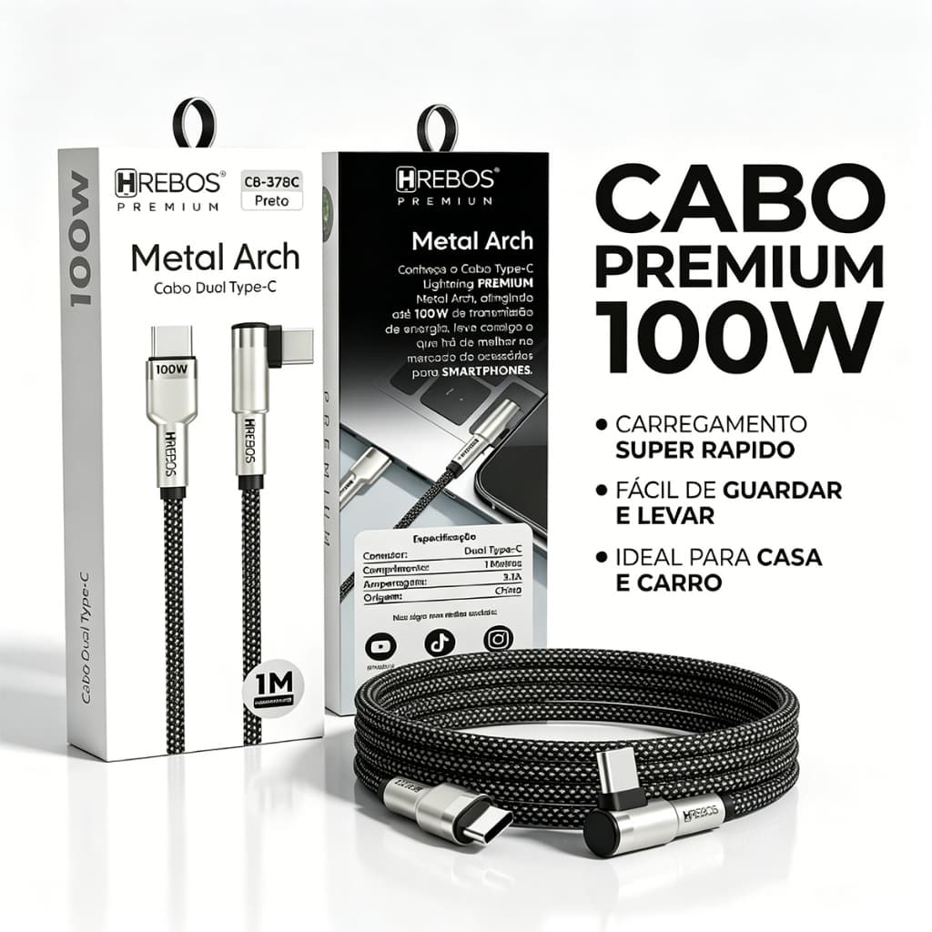 HREBOS x HEYOO Cabo de dados de carga rápida tipo C dupla de 100 W para carro/Universal diário