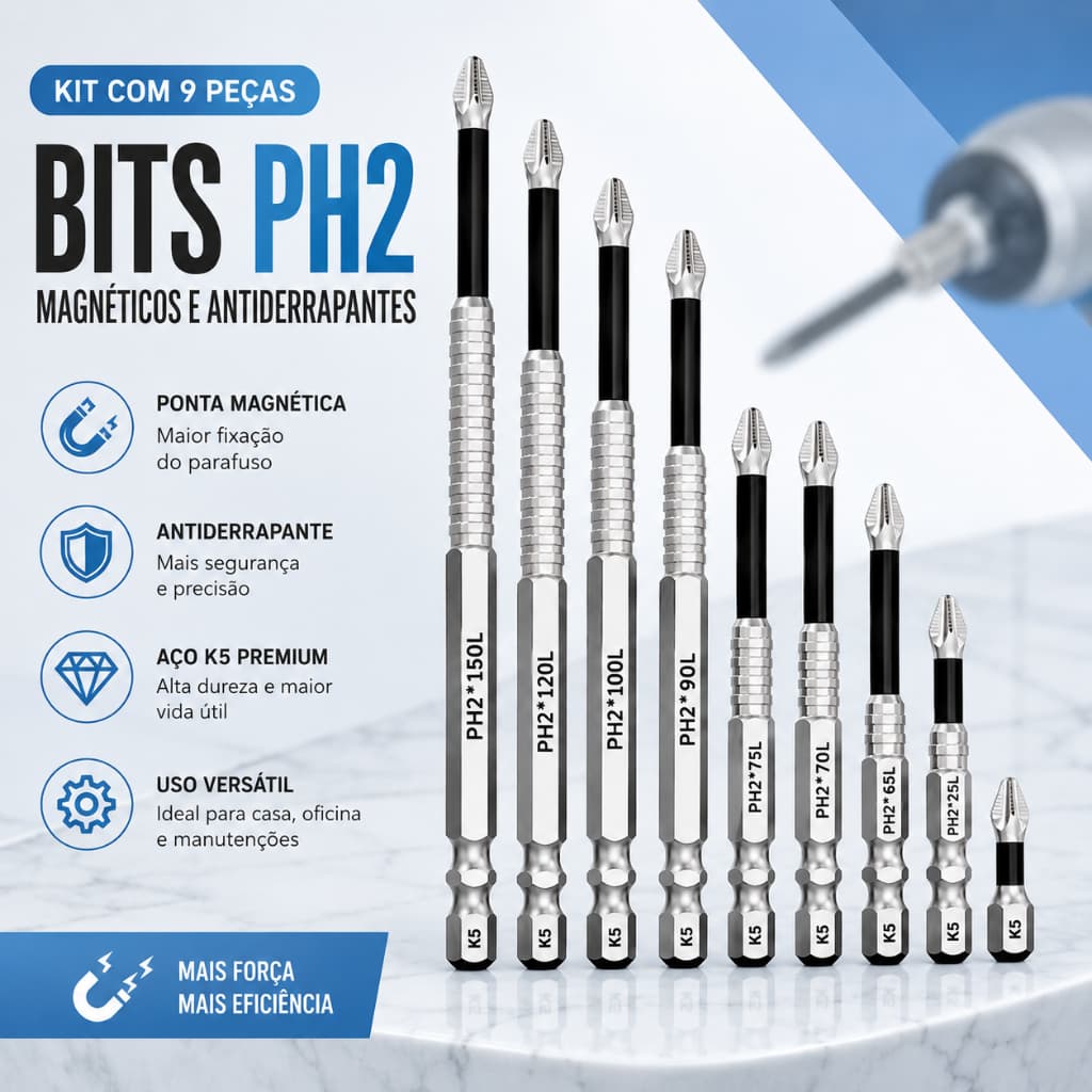 Kit 9 Pontas Phillips PH2 Magnéticas em Liga S2 para Parafusadeira de Impacto