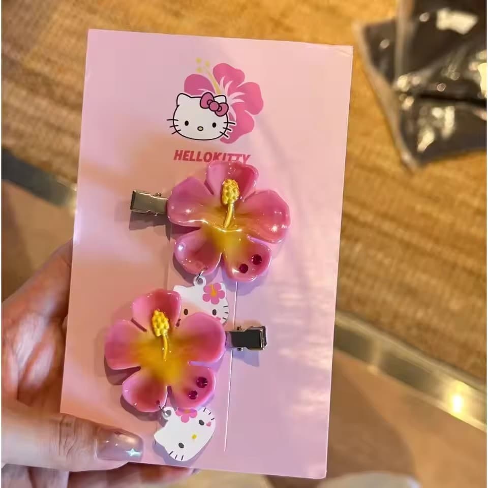 2 Pçs Kawaii Hello Kitty Flor Grampos De Cabelo Conjunto Rosa Hibisco Doce Verão Acessórios Para O Mulheres Meninas