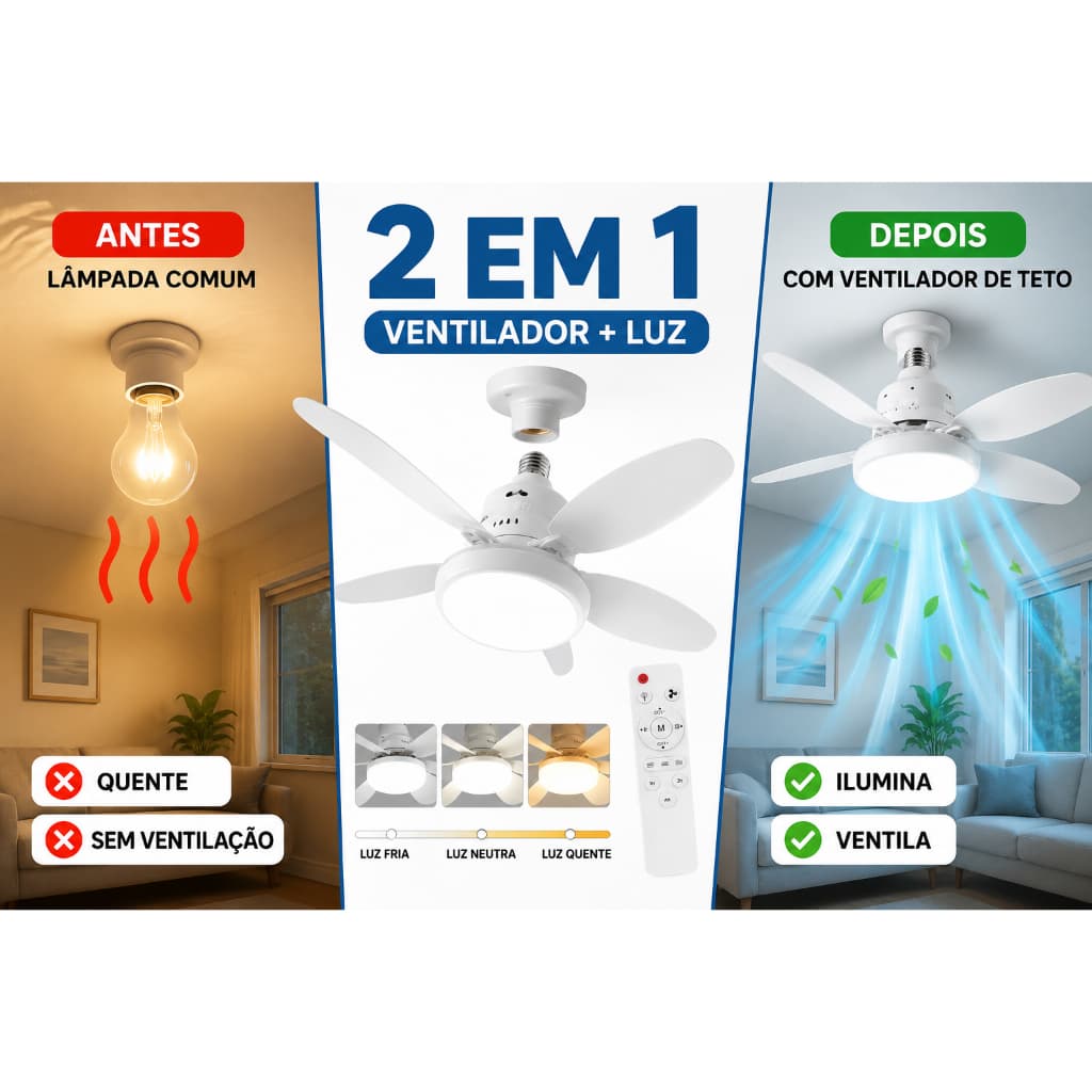 Ventilador De Teto E27 Com Luz LED Controle Remoto 6Lâminas Mini Silencioso 3 Luzes Coloridas Bivolt