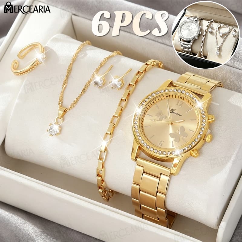Relógio Feminino de Quartzo com Diamantes – Conjunto de Pulseira de Aço Inoxidável Para Aniversário-MC