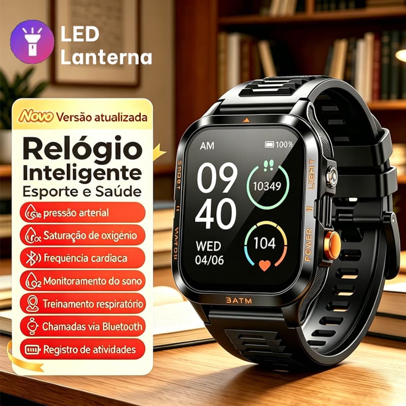 Smartwatch Masculino Esportivo H08 Tela HD 30 Dias Bateria Lanterna LED SpO2 Batimentos Caixa Met谩lica 3ATM Frete Gr谩tis