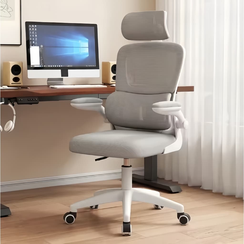 Cadeira de Escritório Ergonômica Com Apoio Lombar e Apoio de Cabeça Cinza com Estofado de Mesh