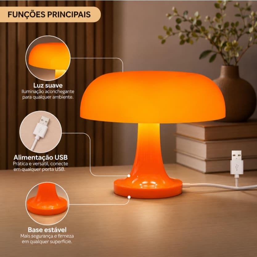 Abajur de Led Cogumelo Luminária Retrô USB para Estudo Quarto Sala Decoração Vintage