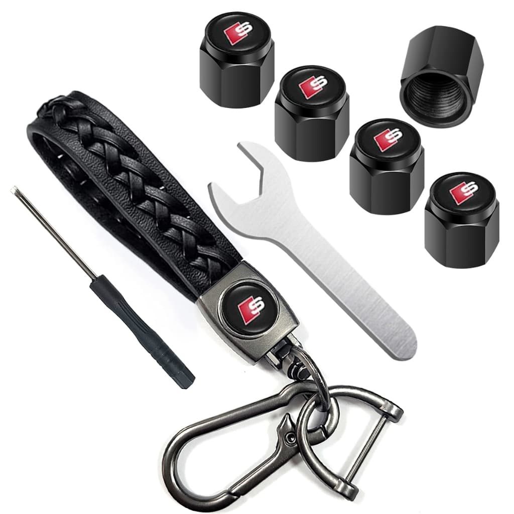 Chaveiro De Carro De Couro Com Logotipo Audi + 5 Tampas De Válvula E 1 Chave , Metal , Peças De Reposição De