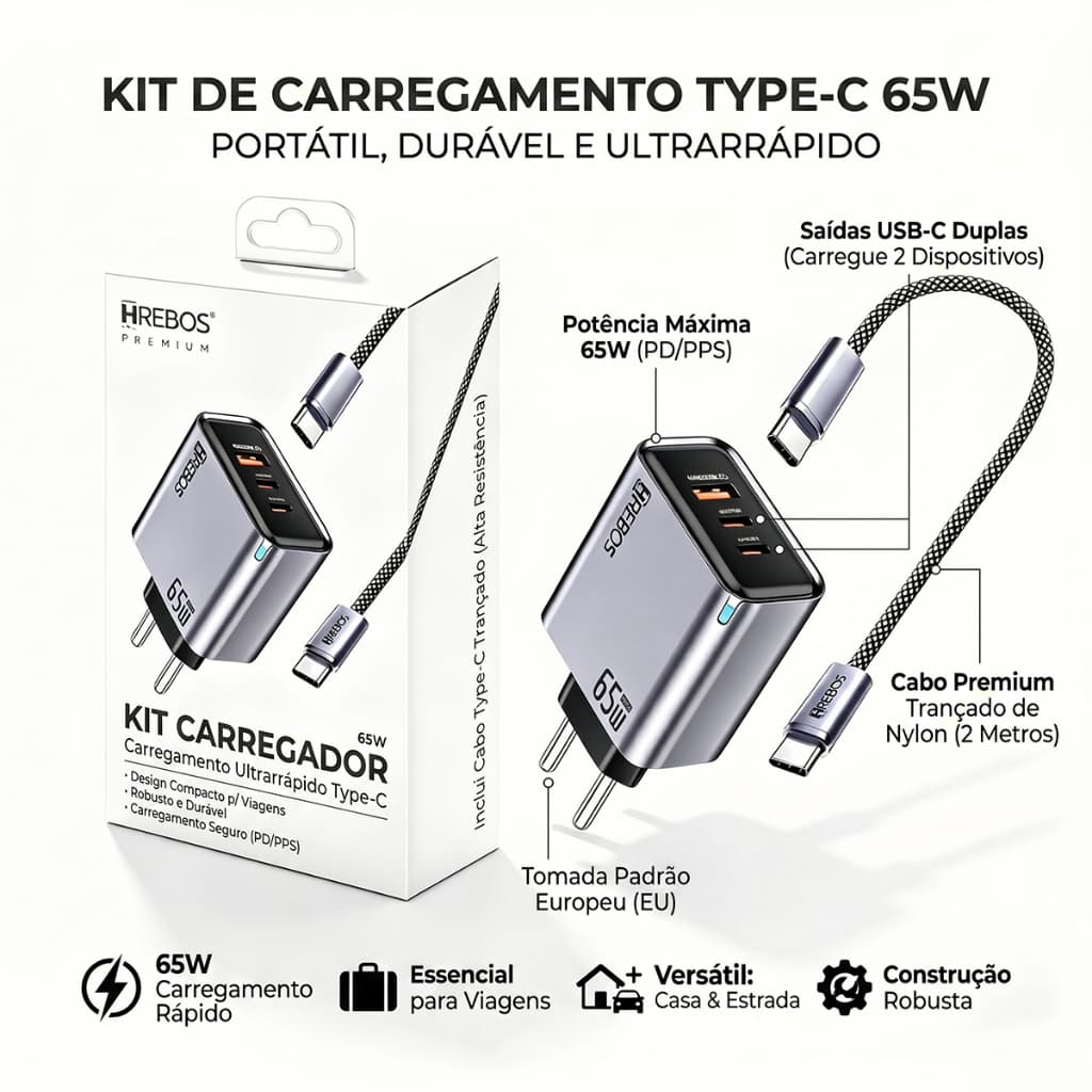 HREBOS x HEYOO Conjunto de cabeça de carregamento rápido de três portas de 65 W com cabo duplo tipo