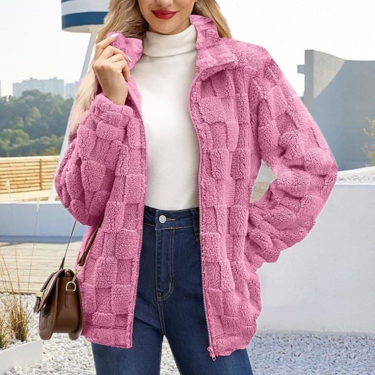 2026 outono inverno novo estilo europeu americano Cardigan feminino zíper gola solta Jacquard xadrez jaqueta de pelúcia