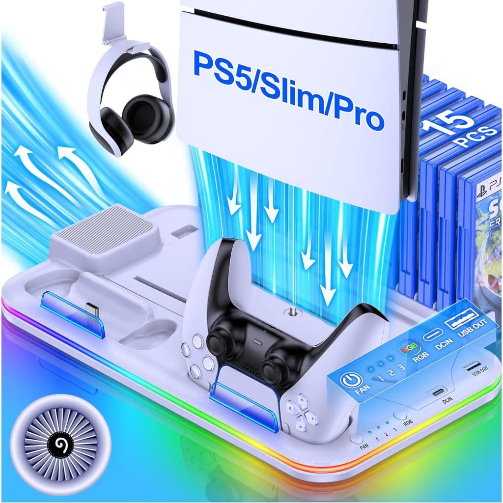 Suporte de Resfriamento Multifuncional RGB com Estação de Carregamento para Controle de PS5 Pro/PS5 Slim/PS5