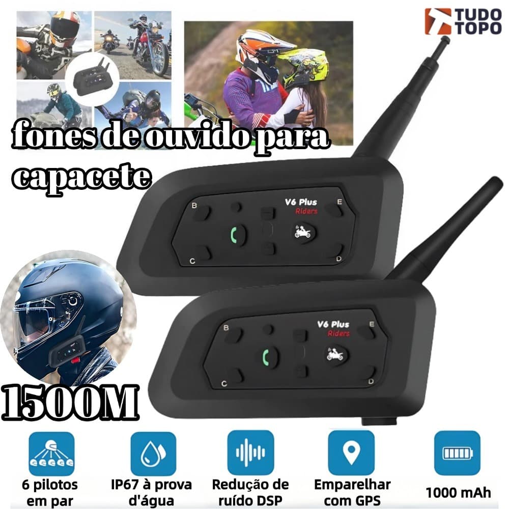 Intercomunicador Bluetooth V6 Plus para Capacete de Moto 1500m DSP 6 Pilotos 850mAh Compatível com Outras Marcas