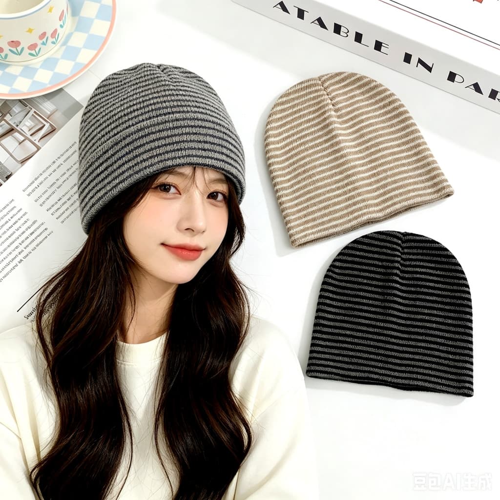 Gorro De Malha Listrado Para Mulheres E Homens , Desleixado De Inverno Macio Quente Estilo Preguiçoso