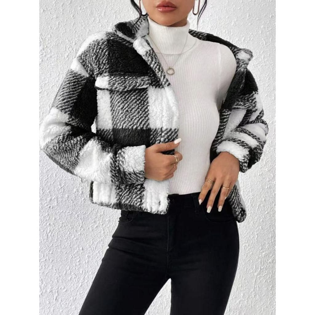 Jaqueta Teddy Xadrez Preto e Branco Feminina, Casaco de Pelúcia Macio Gola Camisa com Bolso, Moda Outono Inverno Solta T
