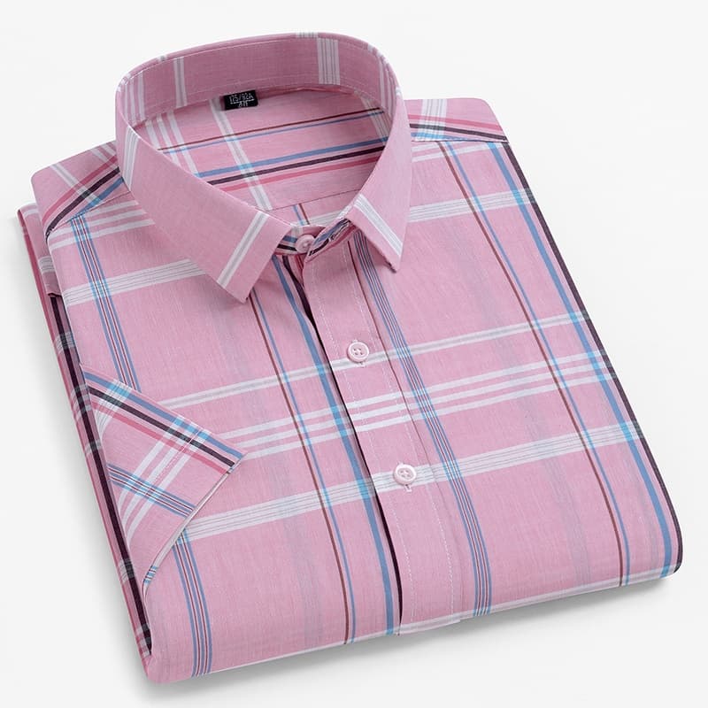 Camisa masculina de manga curta xadrez respirável de algodão puro de verão, versão coreana solta retrô xadrez Casual Com
