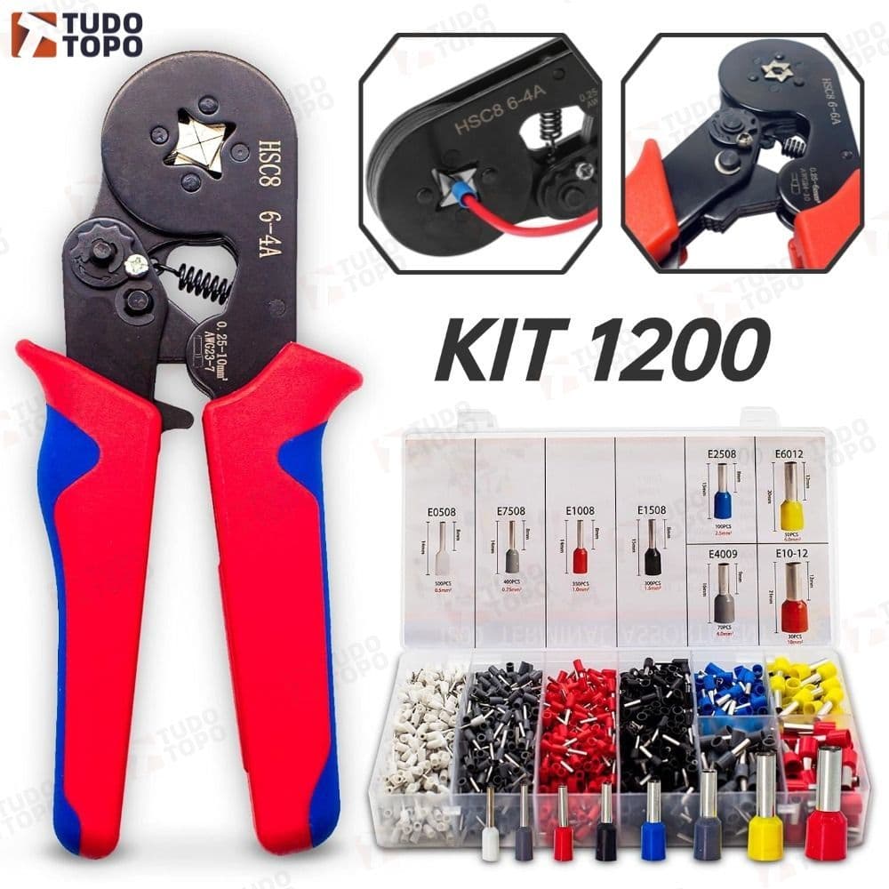 Kit Alicate de Crimpagem Profissional Terminais Tubulares 0.25 a 10mm² + 1200 Terminais Isolados 0.25 Até 10mm² 1200peça