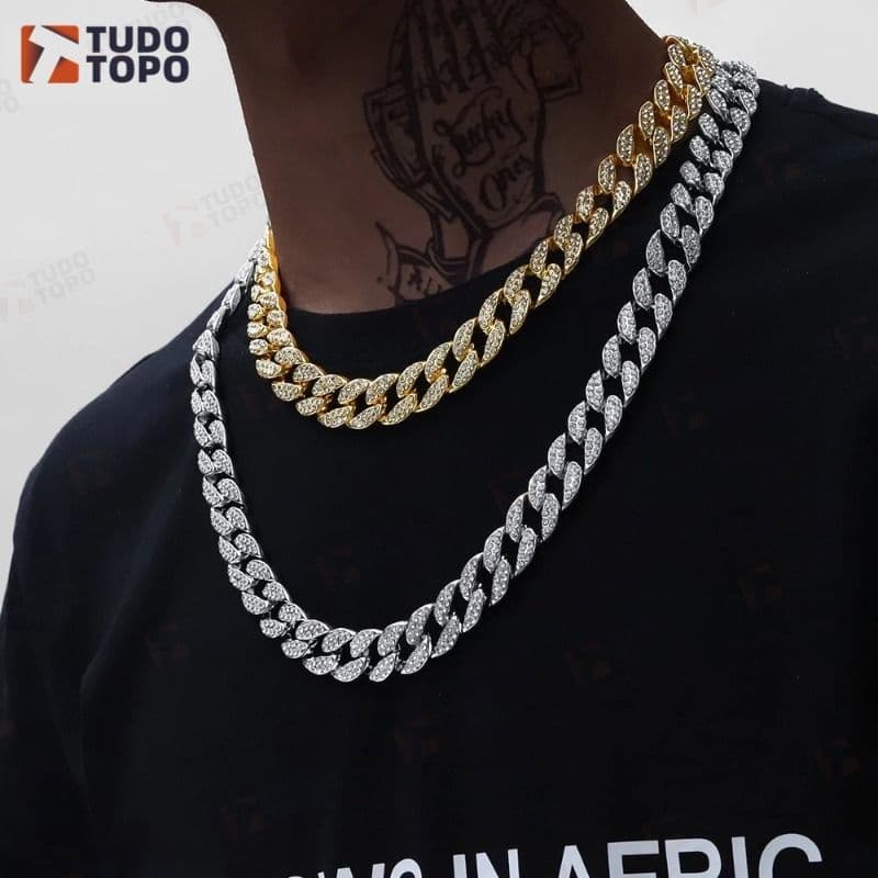Corrente Cubana 14mm Cravejada Colar ou Pulseira Hip Hop Unissex Não Desbota Estilo Ice