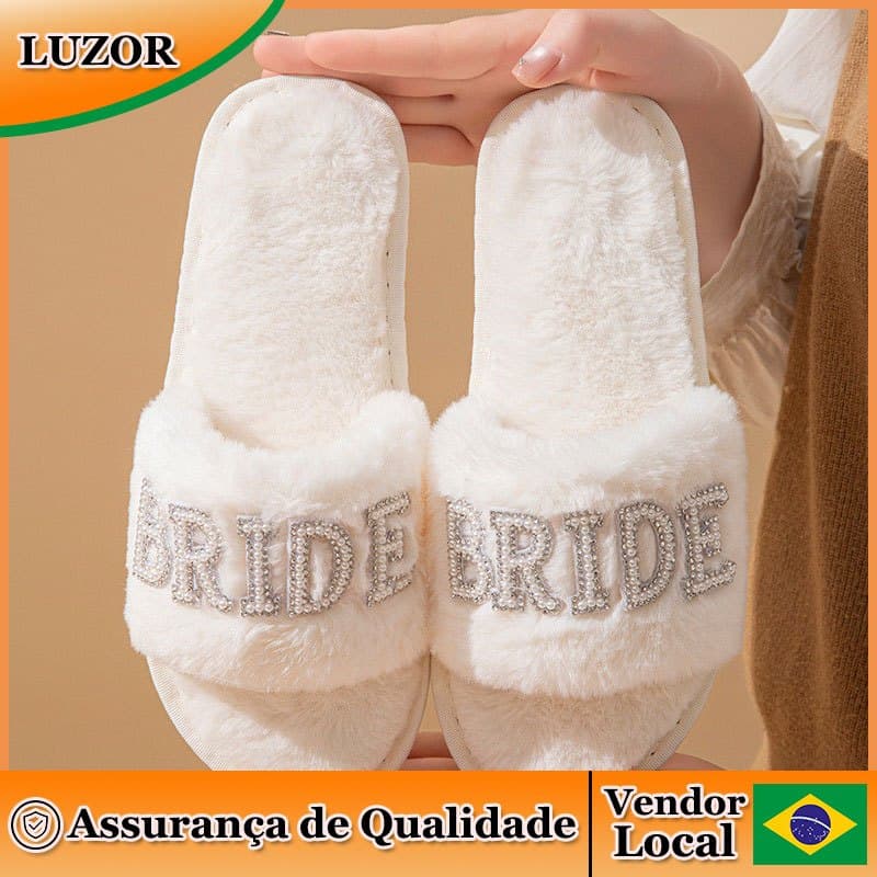 BEIDE MRS IDO Pearl Letter Chinelos de pelúcia para festa de casamento Chinelos de algodão de pele de noiva