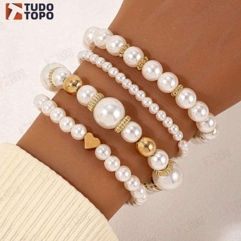 Conjunto De Pulseira Elegante Com Contas De Coração De Pérola Falsa , 4 Unidades , Acessórios Da Moda Para Um Toque Doce