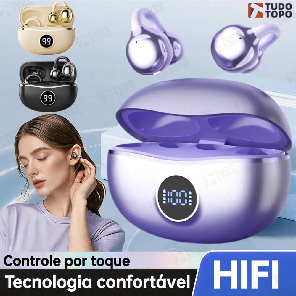 Fone Bluetooth 5.4 D151 Condução Óssea Open Ear ANC ENC Sem Fio Hi-Fi Clip de Orelha Display LED