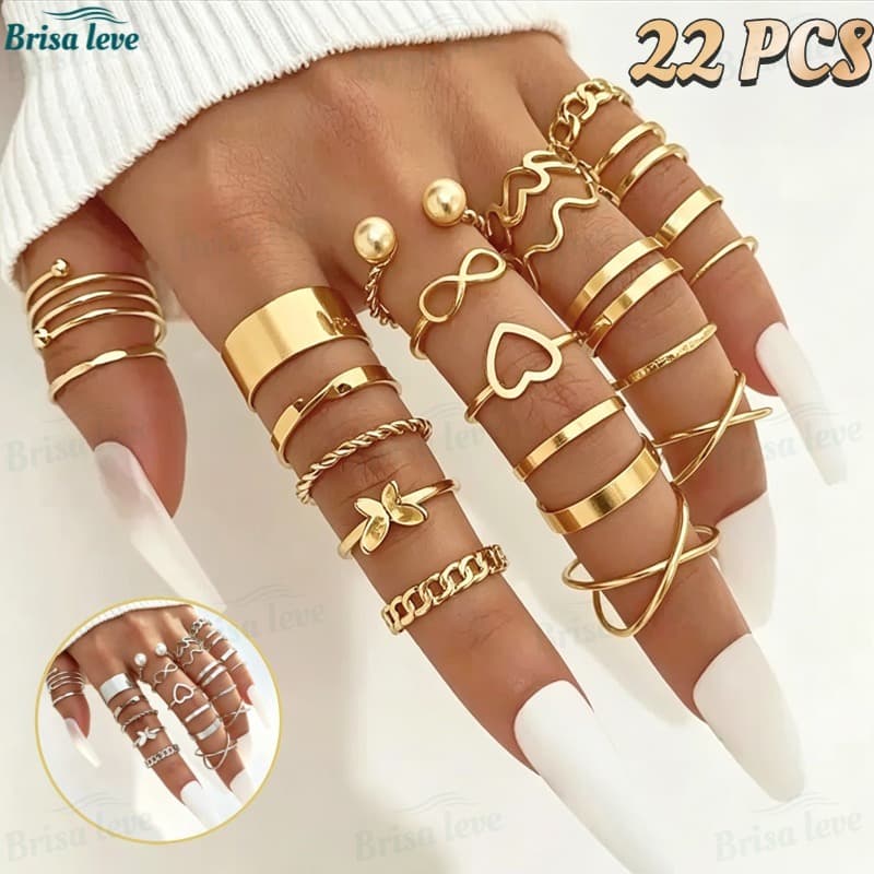22 pçs Conjunto De Anel De Dourado Vintage Mulheres Conjunto De Anel De Dedo Joias Acessórios-BL