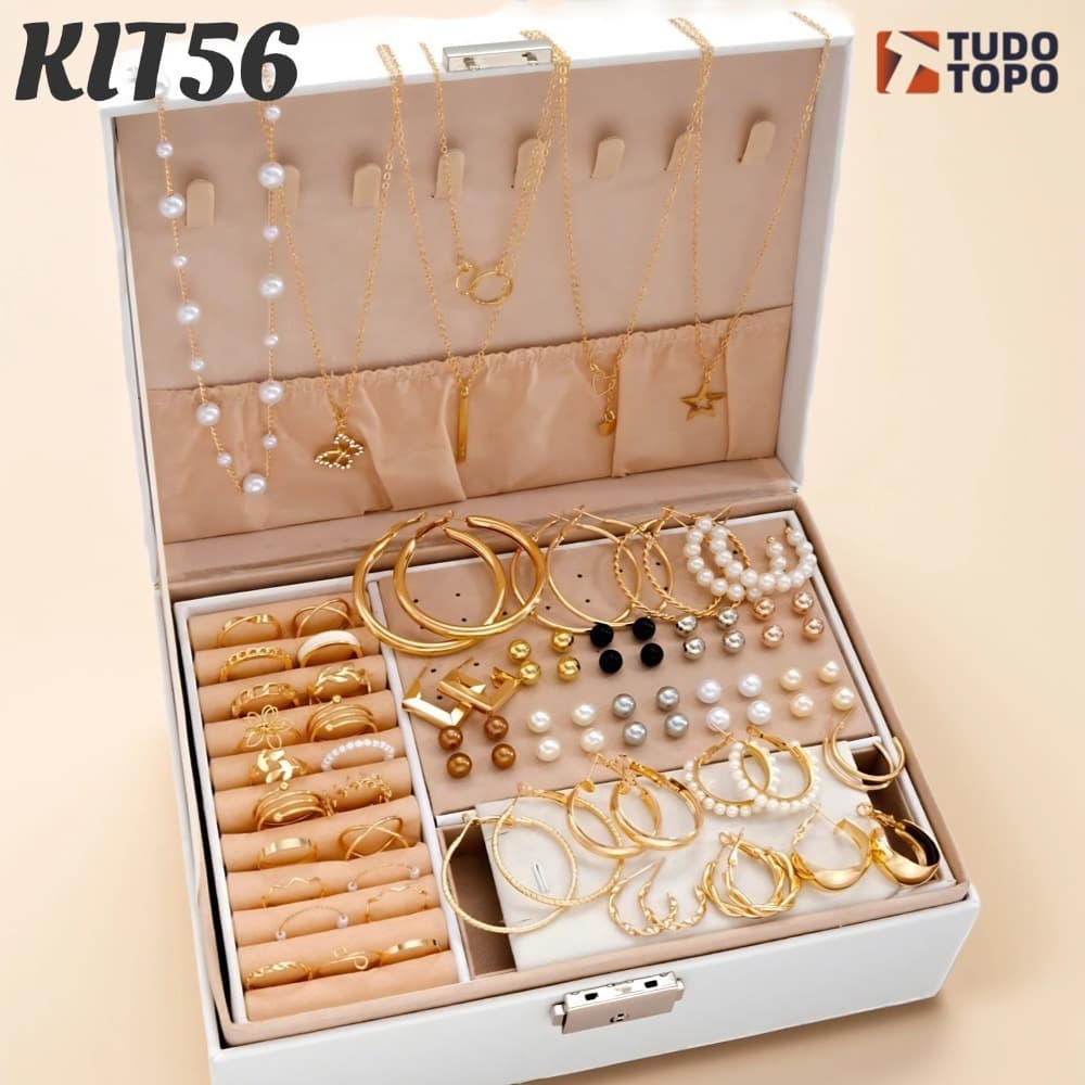 KIT58 Conjunto de Joias Femininas Banhado a Ouro Colar Brincos e Anéis Elegantes para Presente