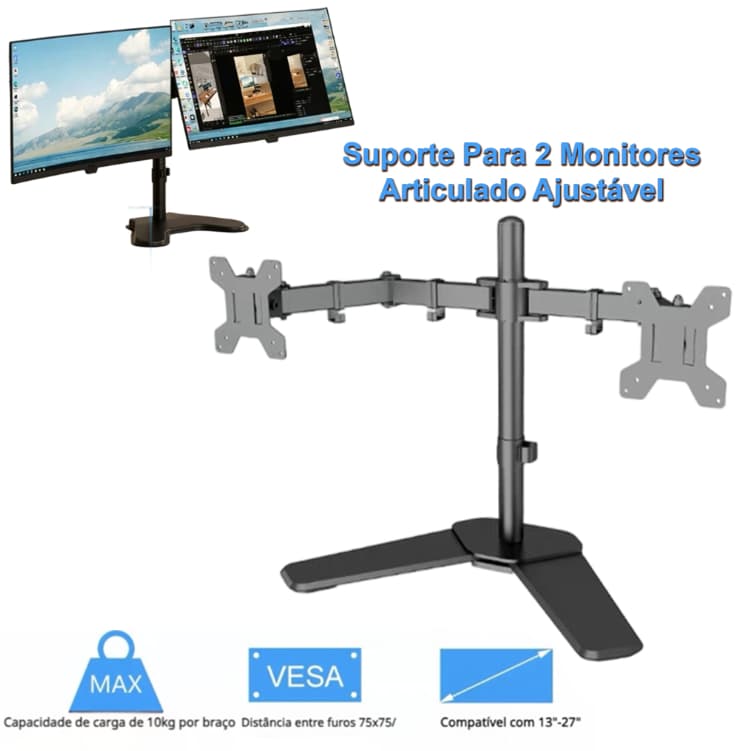 Suporte de mesa com dois braços, adequado para dois monitores LCD/LED de até 17-27 polegadas