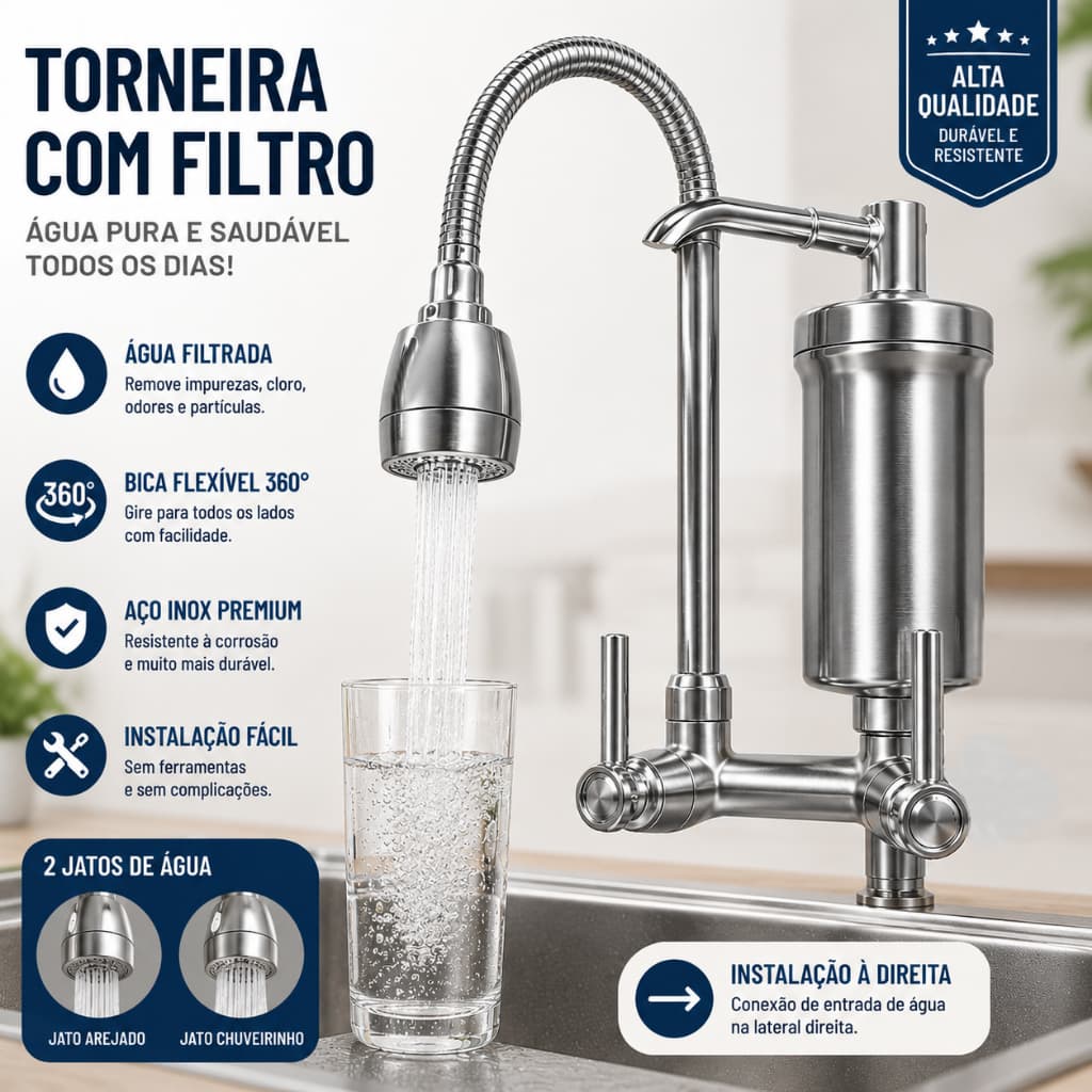 Torneira com Filtro de Água Inox 360° Giratória de Parede | Purificador com 2 Modos de Jato para Cozinha