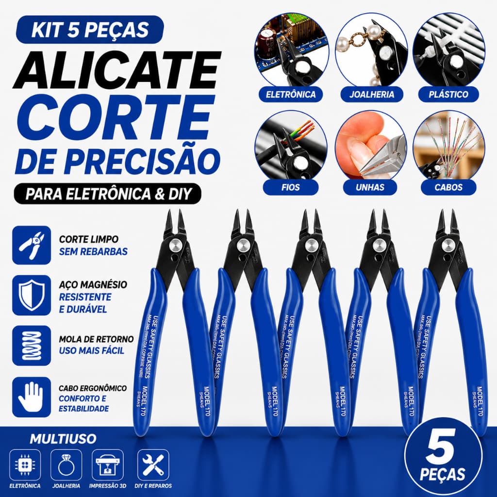Kit De 5 Alicates E Descascadores De Corte Nivelados Diagonais De Precisão