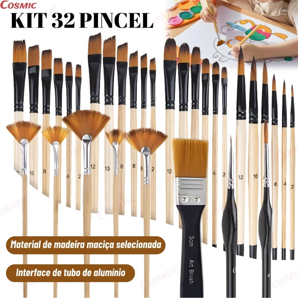 Kit 32 Peças Pincéis De Pintura Para Acrílica, Cerdas De Nylon Premium Com Redondo, Filbert, Plano, Ventilador-CO