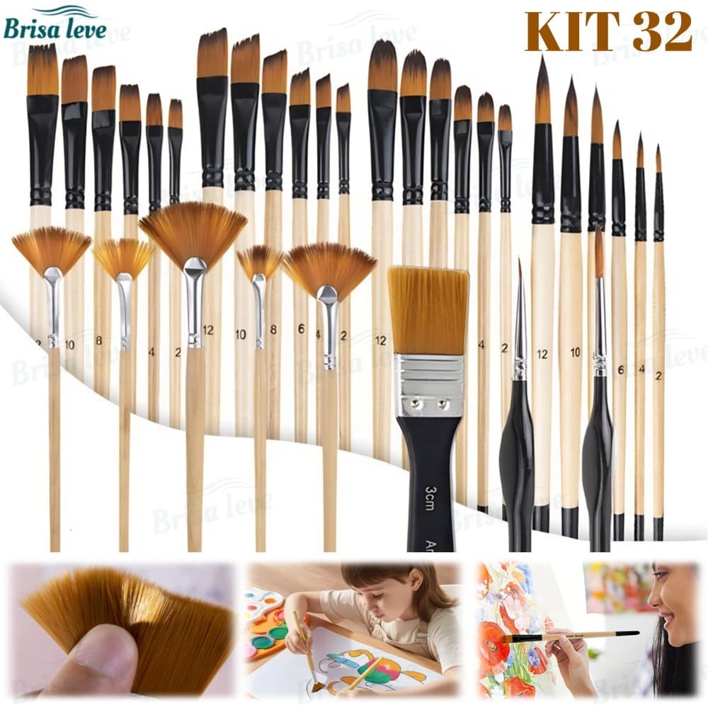 Kit 32 Peças Pincéis De Pintura Para Acrílica Cerdas De Nylon Premium Com Redondo Filbert Plano Ventilador 32PCS-BL