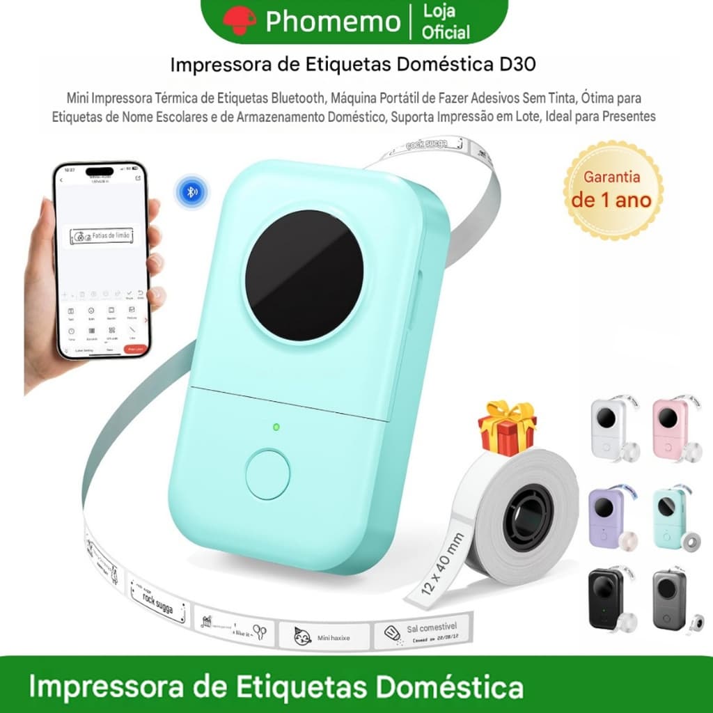 Etiquetadora Mini Portátil Phomemo D30, Impressora Térmica Recarregável com Bluetooth