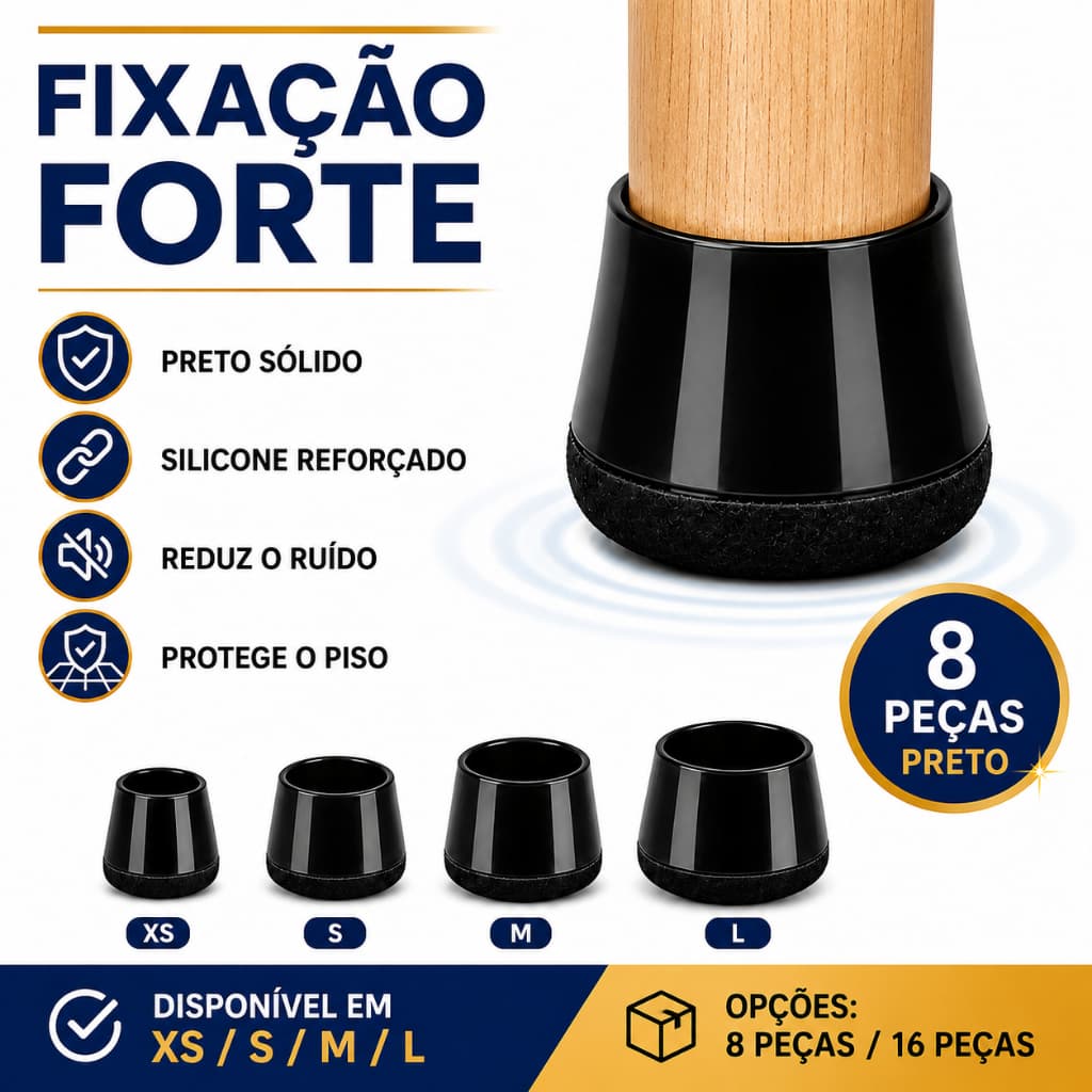 Protetor Preto de Pé de Cadeira em Silicone Antiderrapante Redução de Ruído Proteção de Piso para Mesa e Cadeira