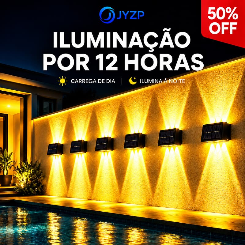 Luminária Arandela Solar de Parede IP65 Luz Quente 8 LEDs Jardim Externo
