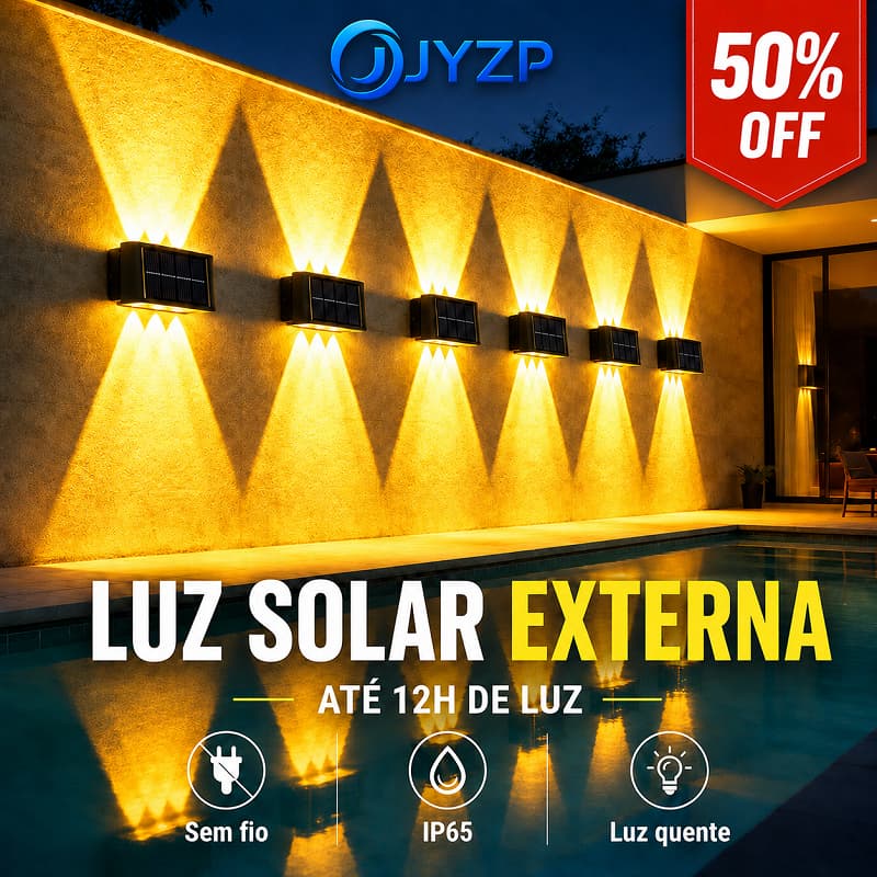 Luminária Solar LED de Parede 6 LEDs Luz Amarela Quente para Jardim Externo Impermeável Decorativa