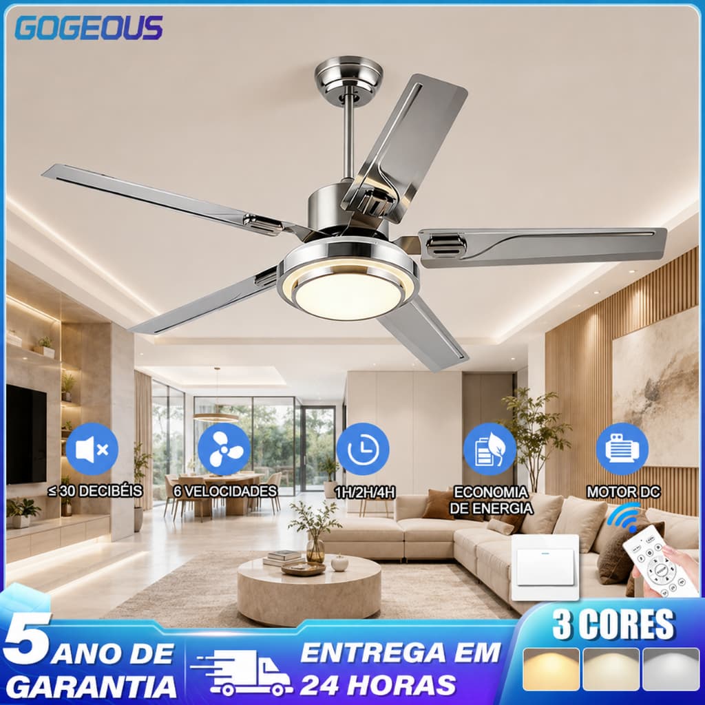 110V-220V Ventilador De Teto Com Luz Para Sala De Estar Com Controle Romoto 48W 5 Folhas Luminação Silenciosa e Econômi