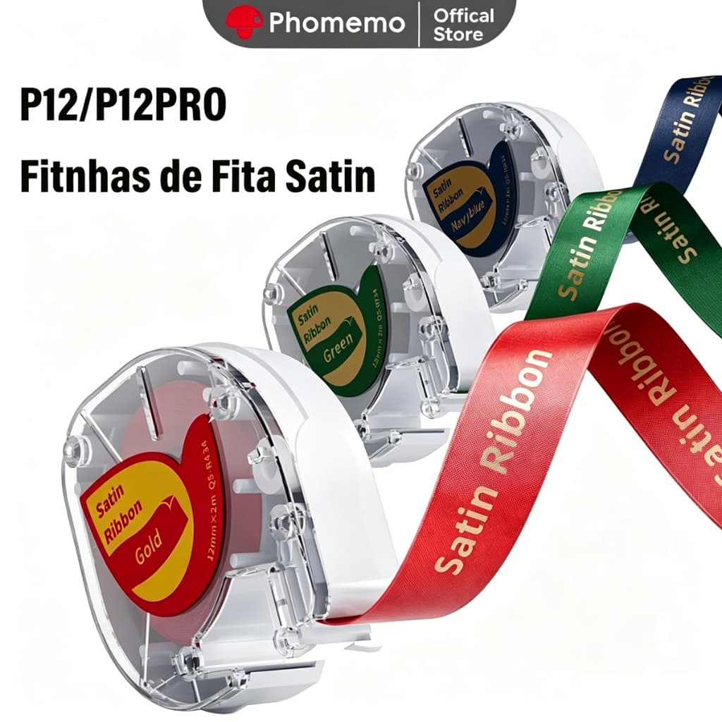 Fita de Cetim para Impressora de Etiquetas Phomemo P12/P12 Pro/LT12, 12mm x 2 m, 3 Pacotes