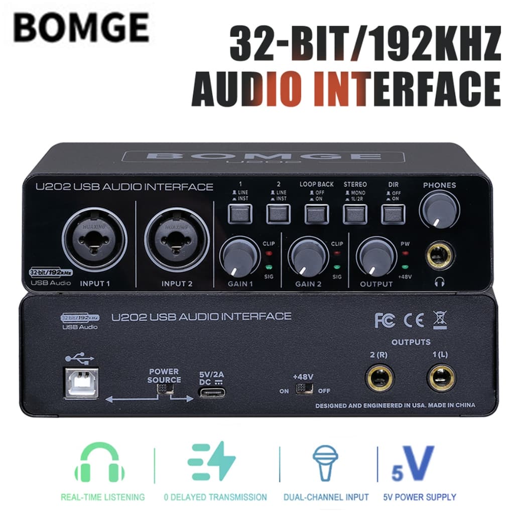 Interface De Áudio USB BOMGE U204 Para Gravação De Música De Computador PC , De Guitarra 2x2 Mac 32Bit/192kHz Streaming