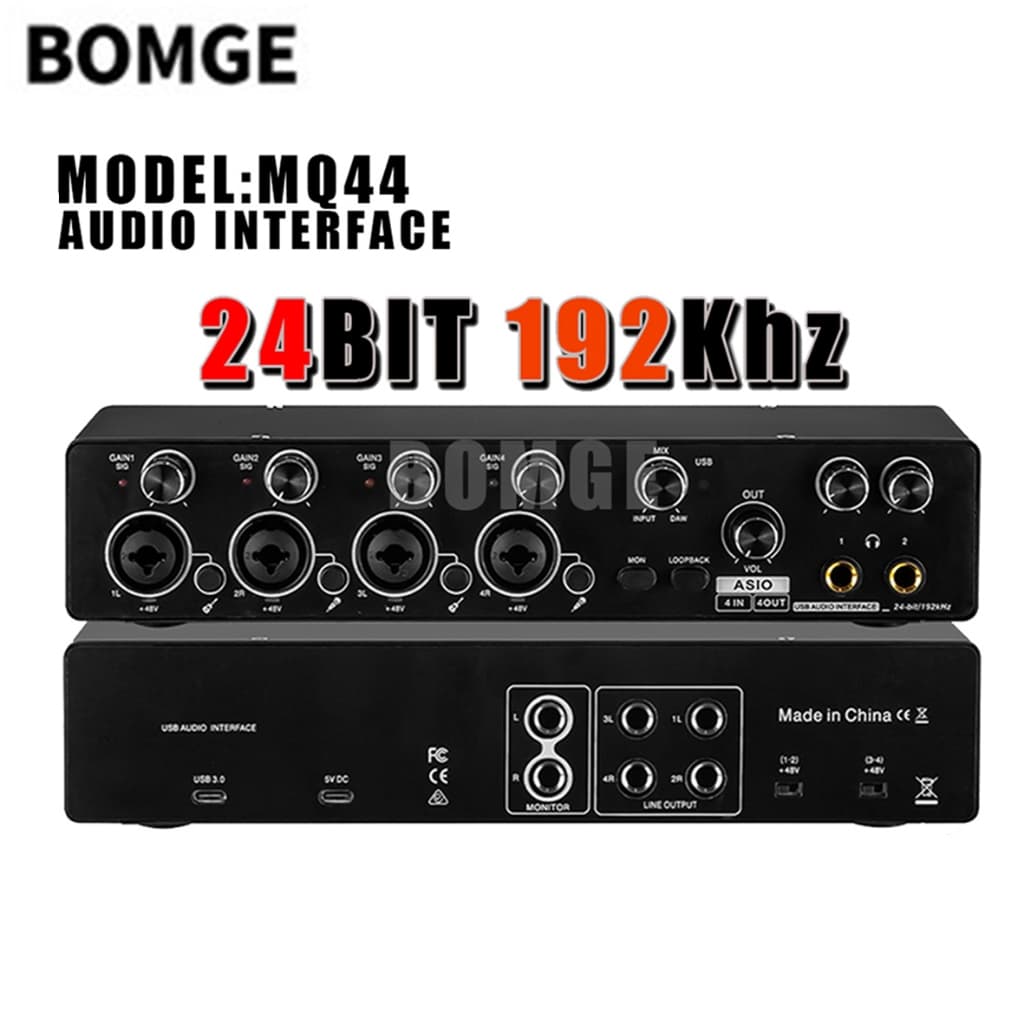 BOMGE MQ44 SoundCard Audiophile 4x4 , Interface De Áudio USB De 24 Bits/192 kHz Com Pré-Amplificadores De Microfone Mida