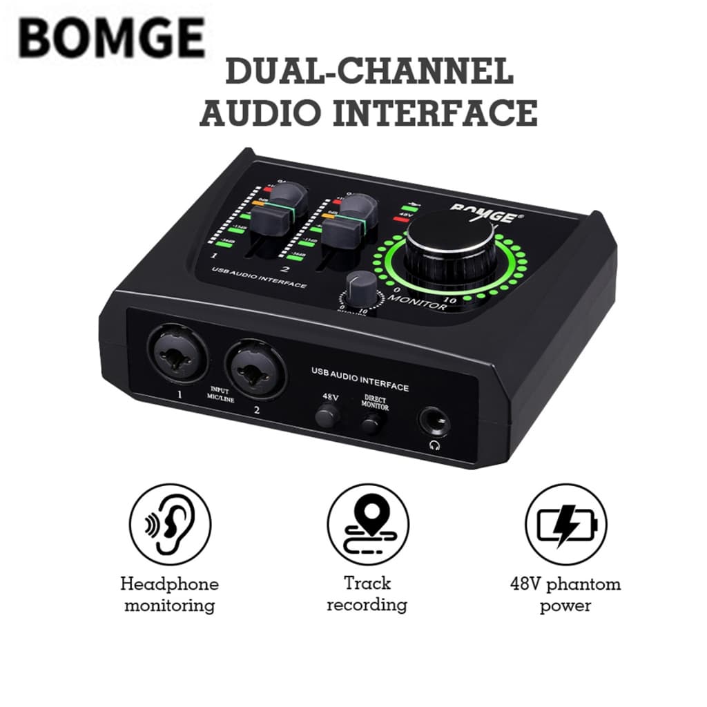 BOMGE Mini interface de áudio USB de dois canais, perfeita para gravação, transmissão ao vivo e podcasting.