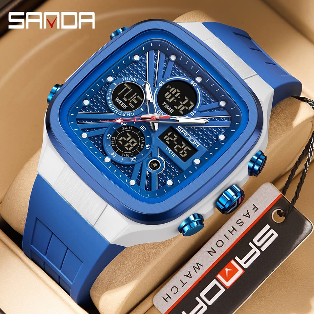 Sanda 6387 Legal Duplo Display Relógio À Prova Dwaterproof Água Despertador Multifuncional Pulseira De Borracha Moda Mas