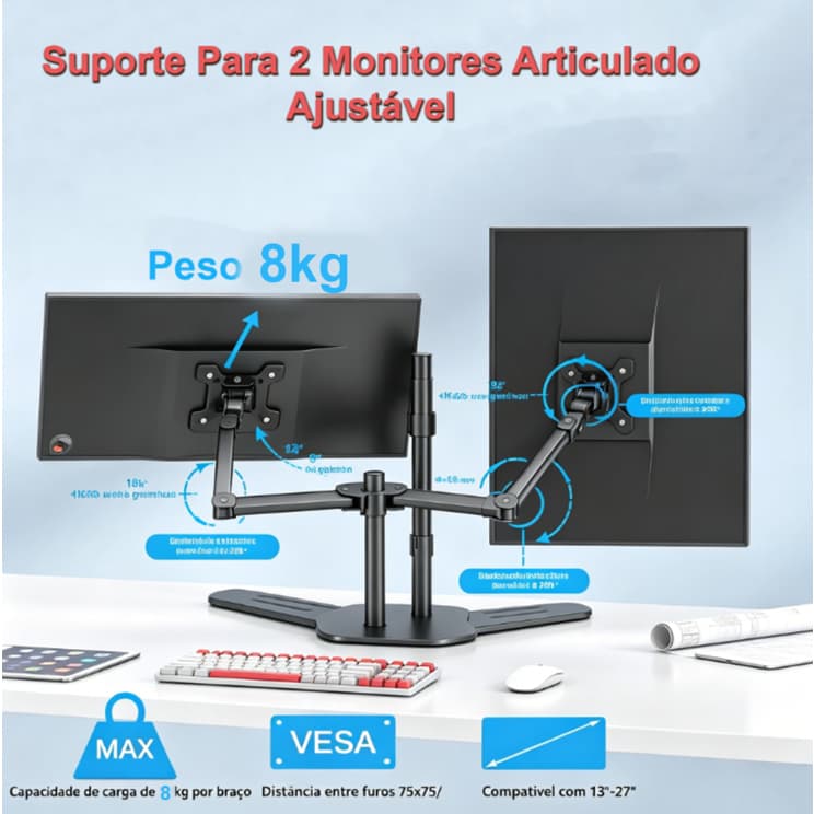 360° Suporte Para 2 Monitores Articulado Ajustável Monitor Suspenso - Suporte 16 kg