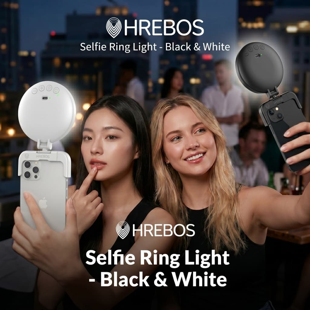HREBOS x HEYOO Luz de Selfie Clipável para Celular com Espelho, Recarregável, Três Tons de Luz Suave