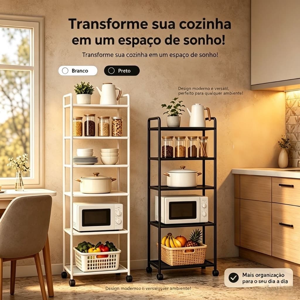 Estante Plástico PP Cozinha Vários Tamanhos, 5 e 6 Níveis com Rodas para Panelas Micro-ondas