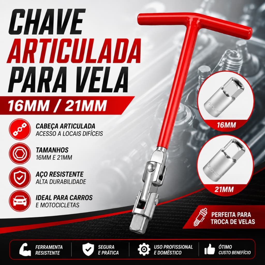 Chave De Vela Articulada 16mm/21mm Automotiva Veicular Multiuso